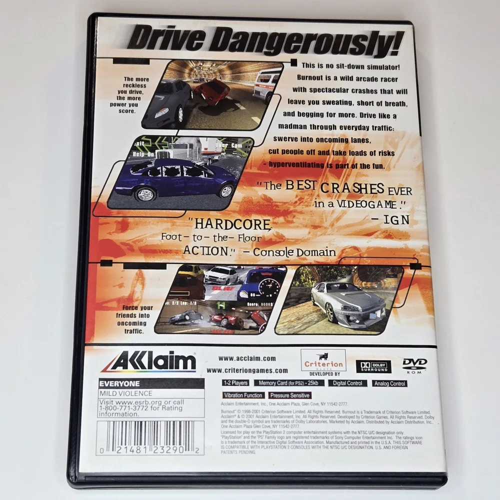 Burnout for PlayStation 2 by - AKKLAIM Black Case. Complete Game Tested Ps2
